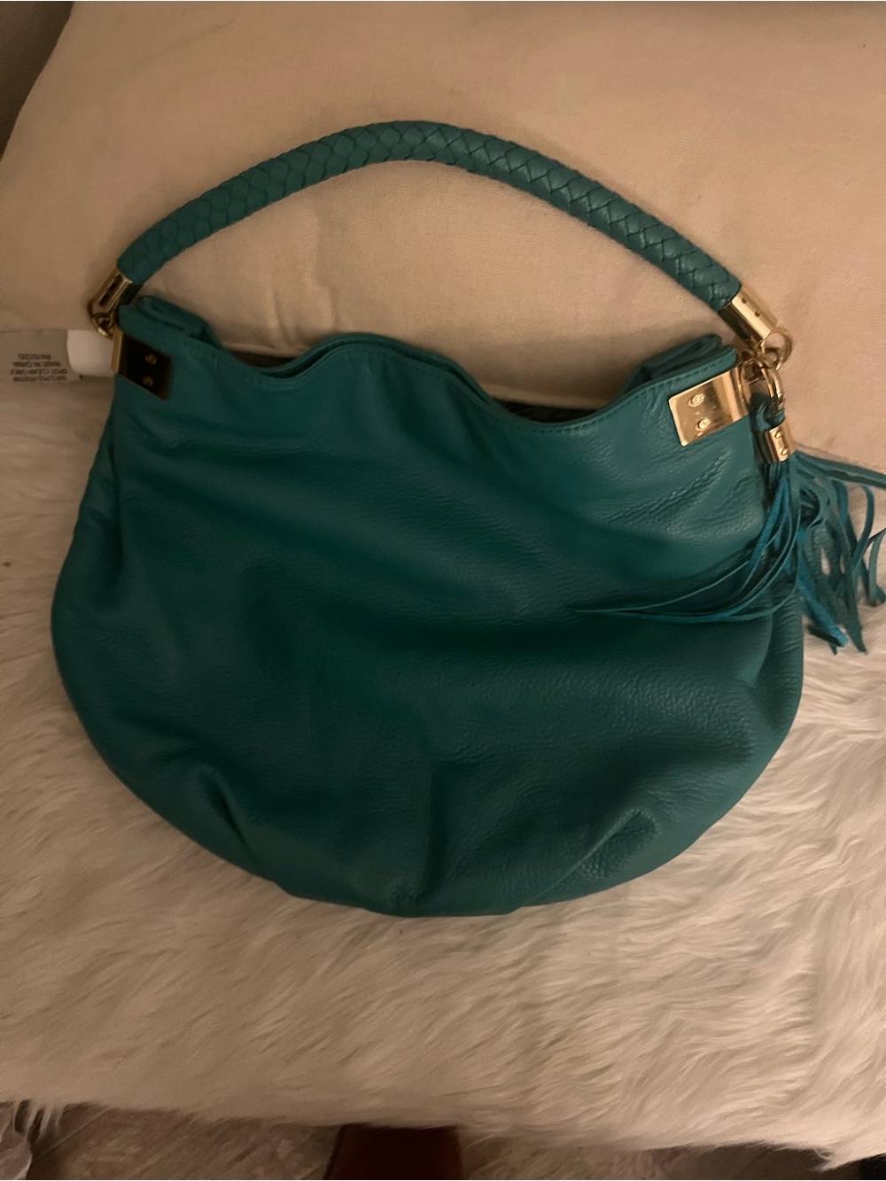 Soft leather Halogen Teal Braided-Handle Hobo Shoulder Bag with Tassel